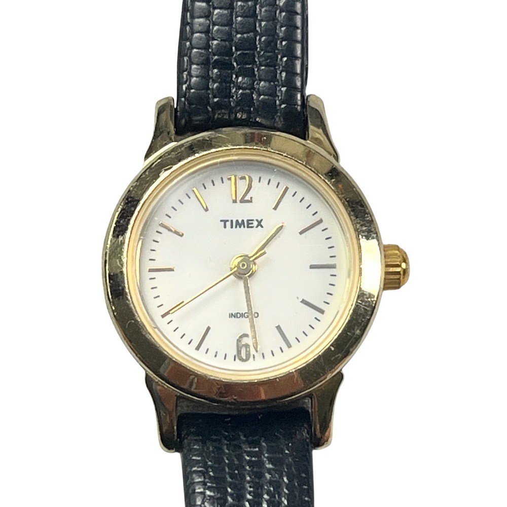 Timex Indiglo Womens Gold Tone Watch White Dial Black Textured Strap P6